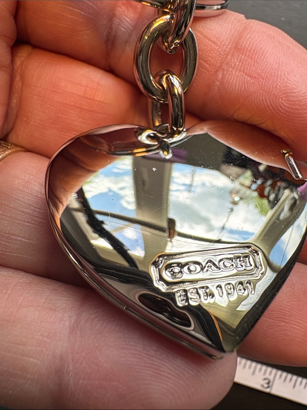 Coach Deep Red and Silver Locket Signature Heart Keyring - Picture 3 of 5